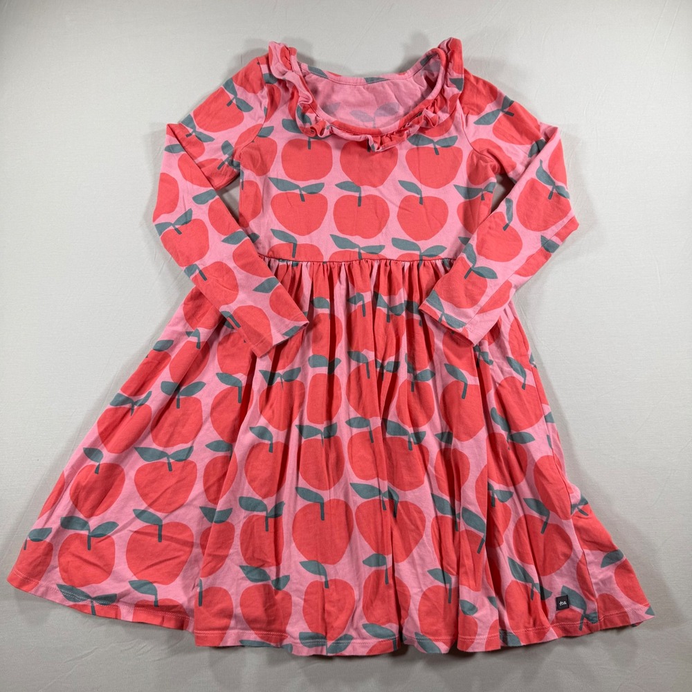 Tea Collection Kids Pink Red Apple Print Long Sleeve Ruffle Skater Dress 12 - Picture 8 of 8